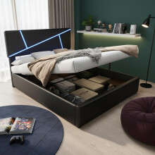 Bequemes Polsterbett mit LED-Lichtleisten,90*200 cm, Doppelbett mit Lattenrost, Rückenlehne, hydraulisches Funktionsbett, Synthetisches