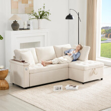 Modernes L-Sofa mit ausziehbarem Schlafsofa mit Schlaffunktion, ausgestattet mit Stauraum, USB-Ladegerät, Armlehnen-Stauraum und 2 Kiss