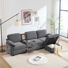 Großes Cord-Sofa mit Komfortschaum. Ausstattung: Abnehmbare Mittelkonsole (2 Cup-Halter + Stauraum), USB-C-Anschluss, Seitentasche, Sta