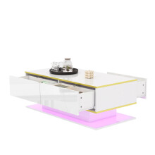 Moderner LED-Couchtisch mit Hochglanz, 100 cm lang, Goldverzierung, 3 Schubladen & USB-LED-Lichtstreifen (Adapter/Powerbank erforderlic
