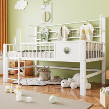 Kinderbett 90*200cm, Niedriges Hochbett mit Metallrahmen und Ablagefächern, geeignet für Kinder und Jugendliche.Weiß