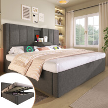 Polsterbett 140x190 cm Doppelbett mit verstecktem Becherhalter & Ladestation, Hydraulisches Bett mit Stauraum unter dem Bett, Inkl. Lat