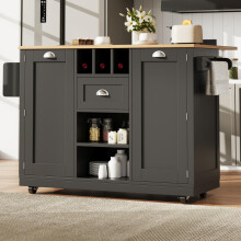 Kücheninsel, Esszimmerwagen mit Arbeitsplatte, Buffetschrank, Esszimmerwagen mit Holzmaserung, seitlicher Handtuchhalter, mit Weinregal