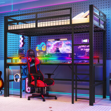 Hochbett, 90 x 200 cm, Eisenrahmen, mit farbwechselnder LED-Lichtleiste, mit Schreibtisch, 1 USB-Anschluss + 1 Typ-C-Anschluss und 2 St
