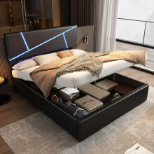 Bequemes Polsterbett mit LED-Lichtleisten,140*200 cm, Doppelbett mit Lattenrost, Rückenlehne, hydraulisches Funktionsbett, Synthetische
