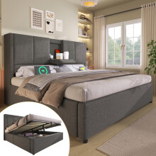 Polsterbett 140x200 cm Doppelbett mit verstecktem Becherhalter & Ladestation, Hydraulisches Bett mit Stauraum unter dem Bett, Inkl. Lat