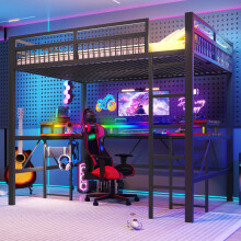 Hochbett, 140 x 200 cm, Eisenrahmen, mit farbwechselnder LED-Lichtleiste, mit Schreibtisch, 1 USB-Anschluss + 1 Typ-C-Anschluss und 2 S