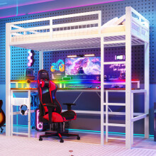 Hochbett, 90 x 200 cm, Eisenrahmen, mit farbwechselnder LED-Lichtleiste, mit Schreibtisch, 1 USB-Anschluss + 1 Typ-C-Anschluss und 2 St