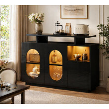 Elegantes Schwarz LED-Sideboard mit ovalen Glastüren und Hochglanzfront – vereint modernes Design mit praktischem Stauraum. Ideal als