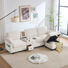 Großes Cord-Sofa mit Komfortschaum. Ausstattung: Abnehmbare Mittelkonsole (2 Cup-Halter + Stauraum), USB-C-Anschluss, Seitentasche, Sta
