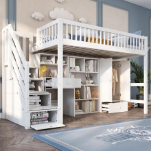 Kinderbett, Einzelbett, multifunktionales Kinderbett ,Mit Schreibtisch&Treppe&Schließfächern&Kleiderschrank,ohne Matratze,massivholz+MD