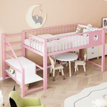 Niedriges Hochbett für Kinder (90 x 200 cm), mit Aufbewahrungsleiter, stabilem Metallrahmen, geeignet für Kinder und Jugendliche,Rosa