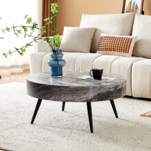 Runder Kaffeetisch mit 70 cm Durchmesser in grauer Marmoroptik (MDF) & schwarzen Metallbeinen. Minimalistisches Design, ideal für Wohnz