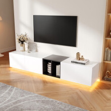 Moderner Fernsehschrank in Schwarz-Weiß-Kontrast, schlichtes Design mit Schubladen und offenen Fächern. Robust, langlebig und pflegelei