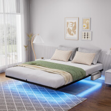 140 x 200 cm großes schwebendes Metallbett mit LED-Beleuchtung, Metalllattenrost, stabilem und robustem schwebendem Bettrahmen, beleuch