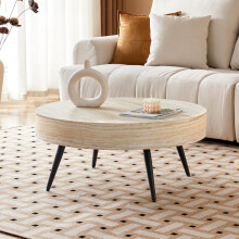 Runder Kaffeetisch mit 70 cm Durchmesser in heller Travertin-Holzoptik (MDF) & schwarzen Metallbeinen. Minimalistisches Design, ideal f