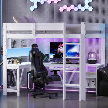 90 x 200 cm großes Gaming-Hochbett aus Holz mit Schreibtisch, Ablagefächern, LED-Beleuchtung und Ladestation, Weiß