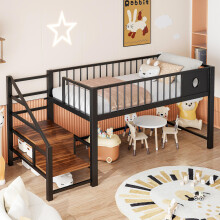 Niedriges Hochbett für Kinder (90 x 200 cm), mit Aufbewahrungsleiter, stabilem Metallrahmen, geeignet für Kinder und Jugendliche,Schwar