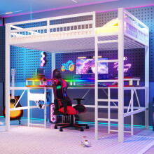 Hochbett, 140 x 200 cm, Eisenrahmen, mit farbwechselnder LED-Lichtleiste, mit Schreibtisch, 1 USB-Anschluss + 1 Typ-C-Anschluss und 2 S