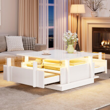 70*70*35cm Hochglanz Couchtisch mit 2 Schubladen, LED-Leuchten und Transparente Acryl-Trennwand. Kaffeetish, Wohnzimmertisch, Sofatisch