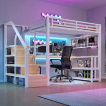 Hochbett, 140 x 200 cm, Eisenrahmen, Lagerregal, Hängendes Gitter, LED-Lichtleiste, Schreibtisch, Treppenkonstruktionen mit Stauraum,mi