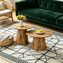 Kaffeetisch-Set in natürlicher Holzoptik (MDF) – 2 runde Hocker-Beistelltische, hoch 5048 cm + niedrig 6035 cm, natürliche Maserun
