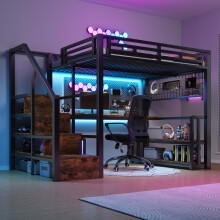 Hochbett, 140 x 200 cm, Eisenrahmen, Lagerregal, Hängendes Gitter, LED-Lichtleiste, Schreibtisch, Treppenkonstruktionen mit Stauraum,mi