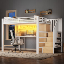 Metall-Hochbett 140x200 mit Schreibtisch, Regal, Kleiderschrank und Stauraumtreppe, Weiß