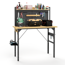 120cm verstellbare Werkbank mit Lochwand, robuste Holz-Werkbank mit Rollen, 700 kg Tragkraft, rollbare Werkbank mit AC/USB-Anschluss, H