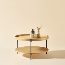 Couchtisch mit 2-stöckigem Tablett-Design, rund, aus Massivholz & Metall, in 3 Farben: Esche Natur / Walnuss / Schwarz, mit passendem B