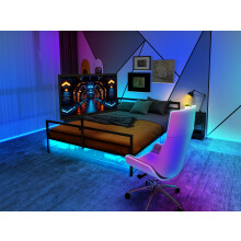 Schwarzes Gaming-Bett mit verstellbarer Halterung, LED-Beleuchtung und Unterbett-Aufbewahrungskörben. Großes Metallbett mit einer Länge