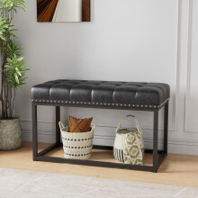 36" Vintage Upholstered Bench with Button Tufted Faux Leather Seat, Industrial Metal Frame Dining Bench for Entryway, Bedroom, Living R