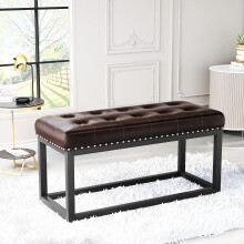 36" Vintage Upholstered Bench with Button Tufted Faux Leather Seat, Industrial Metal Frame Dining Bench for Entryway, Bedroom, Living R