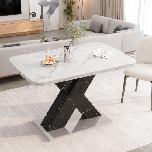 120CM-160CM Modern Rectangle Dining Table Stretchable,Printed White Marble Table Top+MDF Black X-Shape Table Leg with Metal Base 2