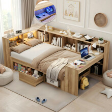 Kinderbett, Stauraumbett 90x200 mit LED-Beleuchtung, USB Ladeanschlüsse und Schreibtisch, Einzelbett, Tagesbett, L-förmiges Holz-Plattf