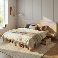 Doppelbett 180*200cm, Stauraumbett, holzbett, Jugendbett, mit USB& Type-C-Ladestation und LED-Beleuchtung, mit 2 Nachttische, mit Schub