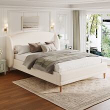 Lit capitonné 140190 cm en tissu bouclé, tête de lit à oreilles, design incurvé, sommier à lattes solides, pieds en bois d'hévéa, bla