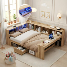 Kinderbett, Stauraumbett 140x200 mit LED-Beleuchtung, USB Ladeanschlüsse und Schreibtisch, Einzelbett, Tagesbett, L-förmiges Holz-Platt