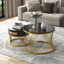 2 in 1 Runder Couchtisch aus MDF, Beistelltisch mit Tischplatte aus Marmor und Schubladen aus Kunststoff-Rattan, Griffe aus Massivholz.