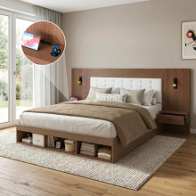 Doppelbett 180*200cm, Stauraumbett, holzbett, Jugendbett, mit USB& Type-C-Ladestation und Leselampe, mit 2 Nachttische, Walnussholzfarb