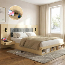 Doppelbett 180*200cm, Stauraumbett, holzbett, Jugendbett, mit USB& Type-C-Ladestation und Leselampe, mit 2 Nachttische, heller Eichenfa