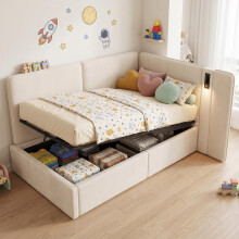 Daybett 90x200 cm mit hydraulischem Stauraum, Polsterbett, Tagesbett, Schlafsofa mit USB-Ladeanschluss und Leselampe, Samt, beige