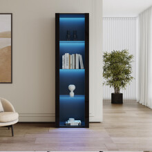 Schwarzer Hochglanz-Vitrinenschrank mit LED-Beleuchtung, 3 Glasfächer, 55*38*166cm, Vitrine, Stehschrank, Hochschrank, Lagerschrank