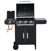 Gasgrill BBQ Grillwagen mit 3 Brennern und 1 Seitenbrenner, Druckminderer und Schläuche, multifunktional, Stahl Schwarz 110x50x100 cm