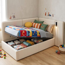 Daybett 90x200 cm mit hydraulischem Stauraum, Polsterbett, Tagesbett, Schlafsofa mit USB-Ladeanschluss und Leselampe, beige, Bouclé