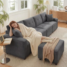 Gerades 4-Sitzer Corduroy Sofa mit Stauraum unter den Sitzflächen, inklusive eines frei platzierbaren Hockers. Farbe: Grau, Maße: B280