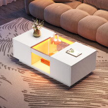 Weißer Couchtisch 100x50x35,5 cm – mit Glasverkleidung, LED-Beleuchtung, App-Steuerung, 2 Schubladen und 1 offenes Fach