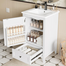 51x46x85cm Bodenstehender Badezimmerschrank mit Waschbe, Waschtisch,Volllackierung, Türablage, geräuschlose Schublade mit großem Fassun