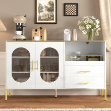Eleganter Sideboard-Schrank mit 2 Schubladen & 2 Glastüren – Moderne Kommode in Weiß mit Goldakzenten – Viel Stauraum – Für Wohnzimm