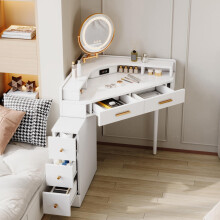 Eck-Schminktisch,Moderner Schminktisch mit drehbarer LED-Spiegel (lichtdimmbar), 5 Schubladen, USB- und USB-C-Anschlüssen, weiß - B105.